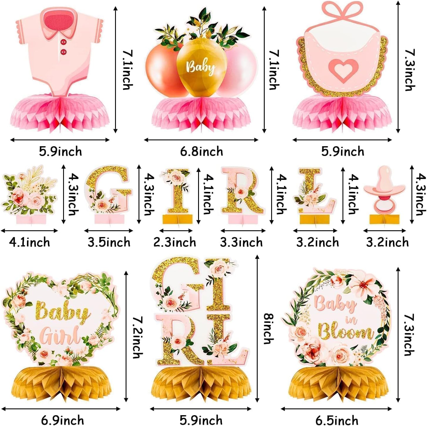 ANGOLIO 12Pcs Floral Baby Shower Party Honeycomb Table Centerpiece Baby in Bloom Table Display with Letters Gender Reveal Decor Arrangement Favor Block Holder for Girl Birthday Summer Party Supplies