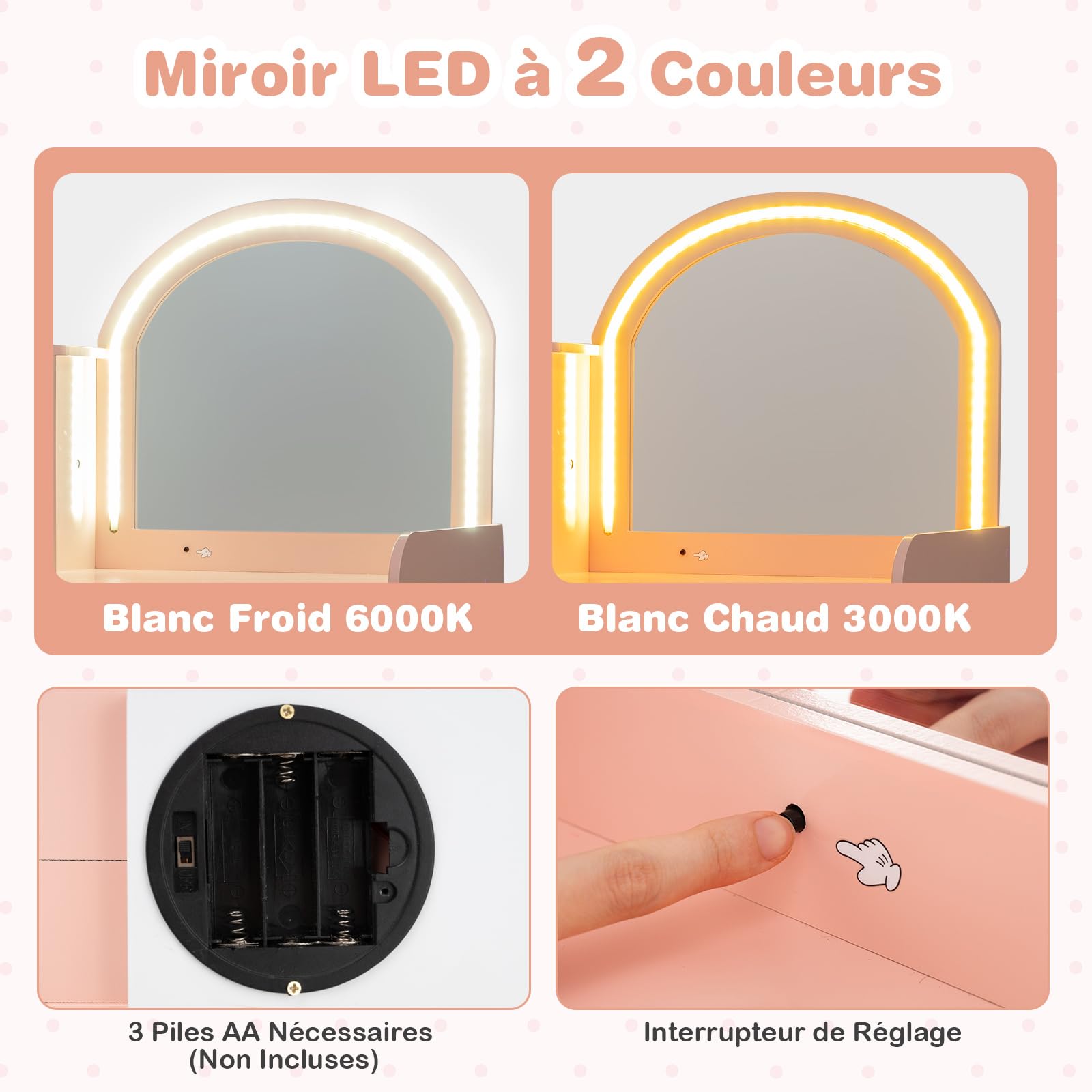 COSTWAY 2 en 1 Bureau Enfants avec Chaise & 120 Lumières LED, Coiffeuse Enfants Fille avec Miroir Acrylique, 2 Etagères & Tiroir, Dispositif Anti-basculement, Charge 50kg pour 3 Ans+ (Rose Clair)