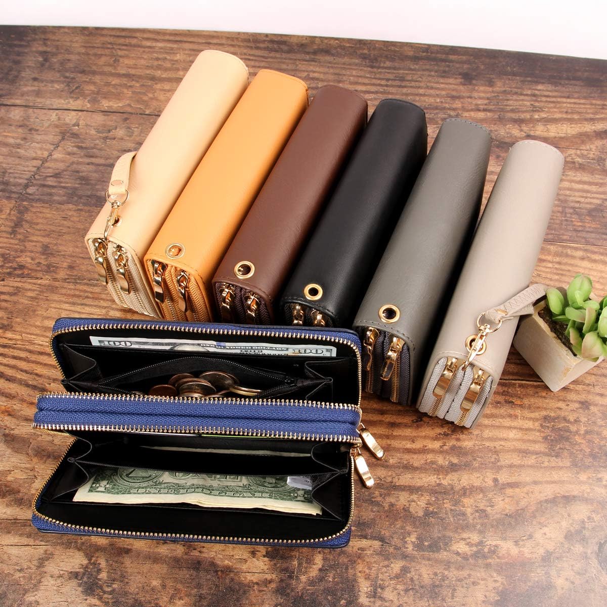 Classic Leatherette Zip Around Wallet - Vegan Leather Zipper Clutch Purse Coin Card Slots, Removable Wristlet (Double Zip Wristlet - Brown)