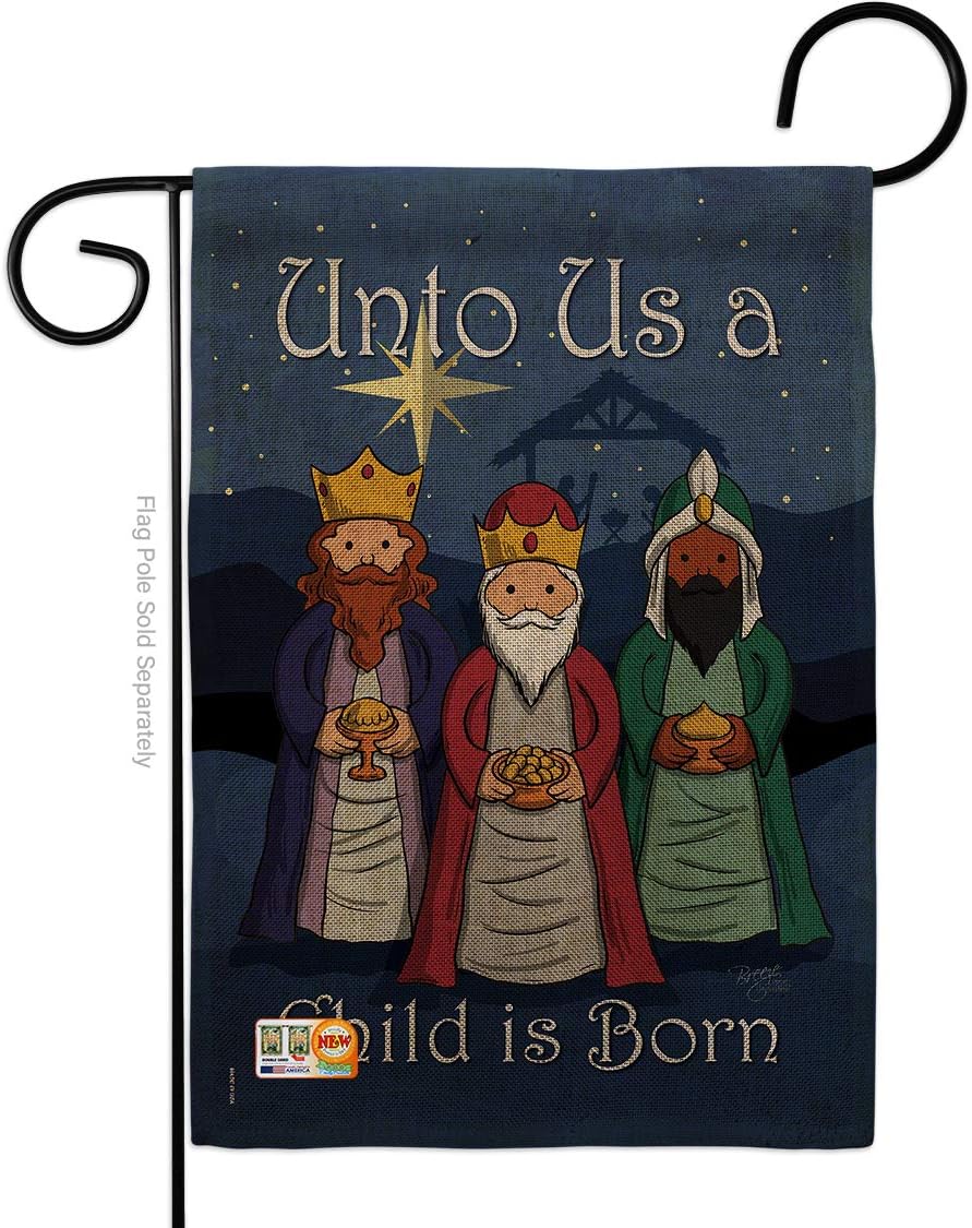 Child is Born Burlap Garden Flag Wintertime Three Kings Wise Men Star Baby JesusSeason Christian Small Decorative Gift Yard House Banner Double-Sided Made In USA 13 X 18.5