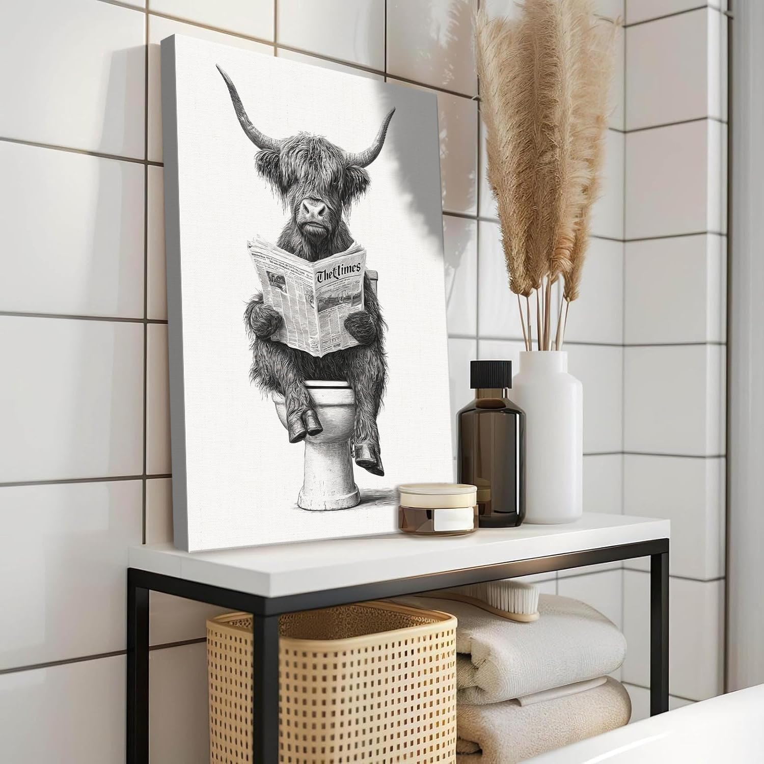 Funny Bathroom Wall Art, Highland Cow Reading Newspaper Canvas Prints, Black and White Farmhouse Framed Bathroom Pictures Wall Decor for Guest Bath, Ready to Hang 12 * 16in