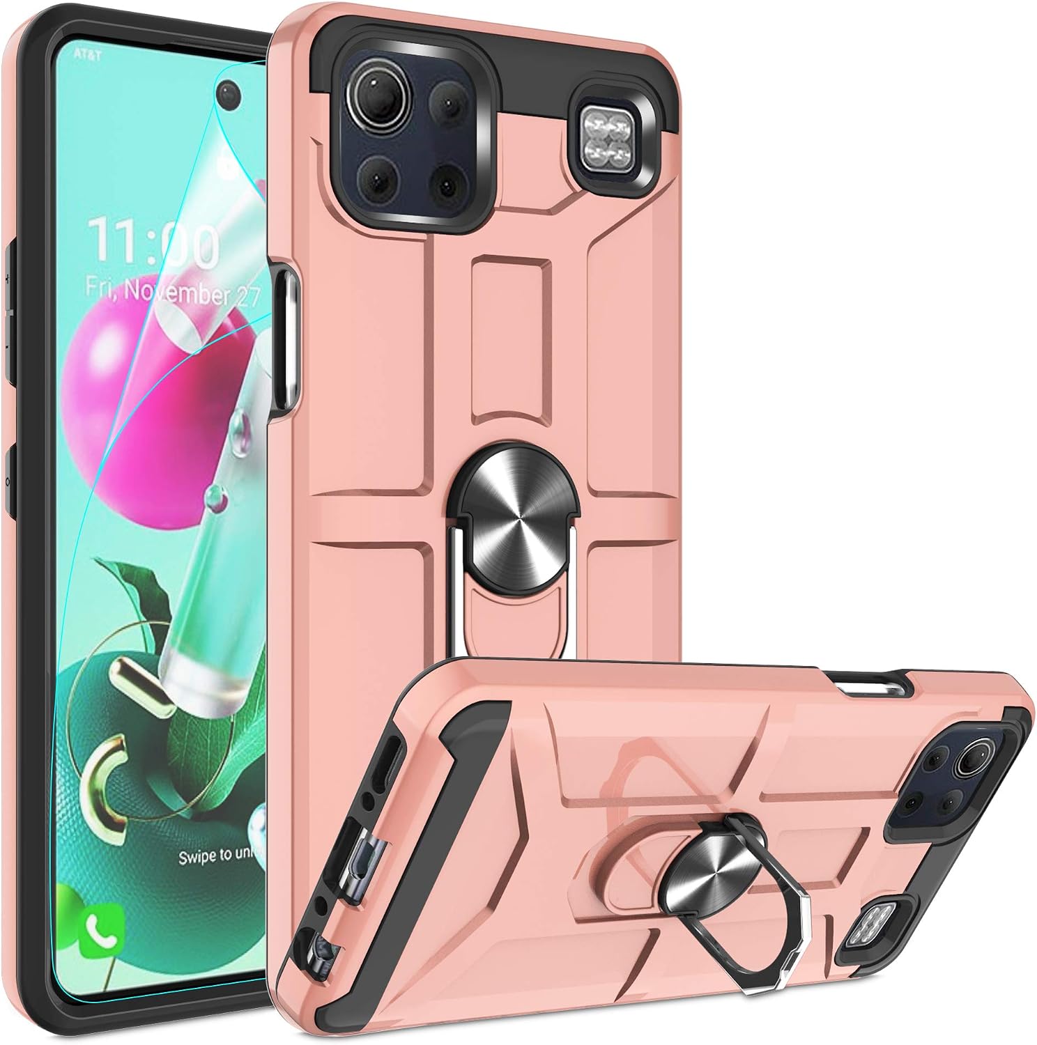 LG K92 5G Case, LG K92 5G Phone Case with HD Screen Protector, Atump 360°Rotation Ring Magnetic Kickstand PC + TPU Dual Layer Shock Absorption Protective Case for LG K92 5G, Rose Gold