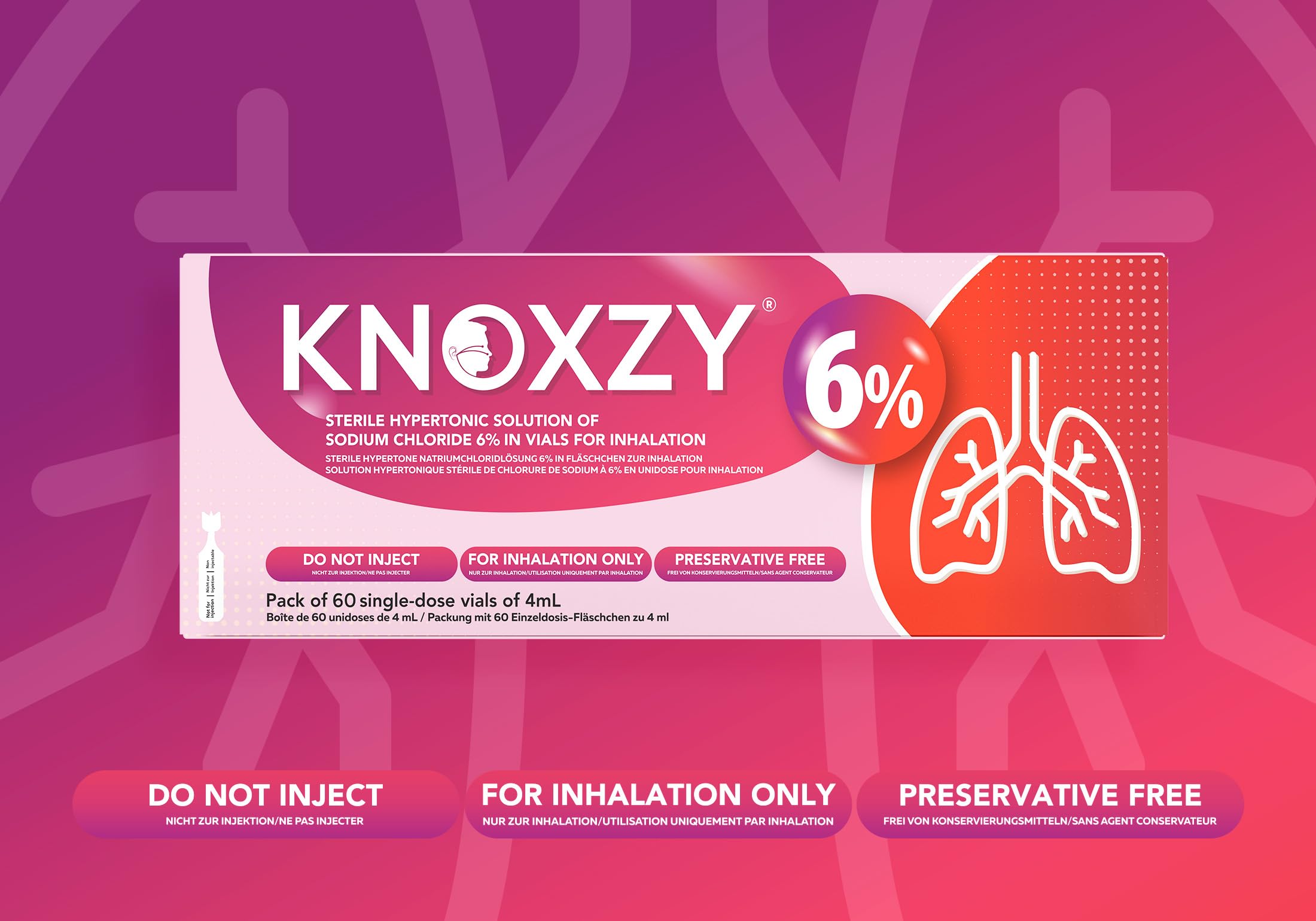 KNOXZY Hypertone Kochsalzlösung zur Inhalation 6%. Inhalationslösung für Erwachsene und Kinder. Die Box enthält 60 Einzeldosis-Ampullen à 4 ml.