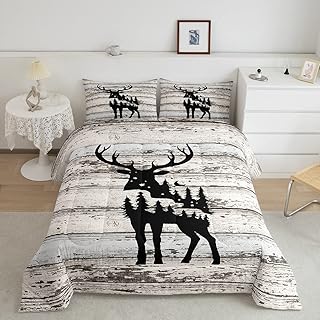 Feelyou Deer Bedding Set Comforter Set Rustic Wild Animal Jungle Comforter Cover for Boys Girls Teens Decor Wooden Stripes Duvet Set Twin Size with 1 Pillow Case Boys