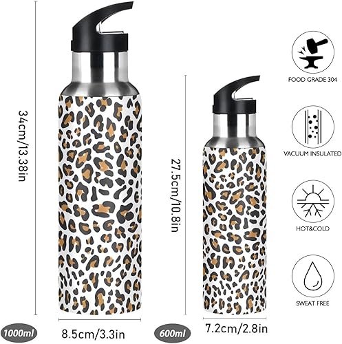 Miniatura 2 de Botella de agua aislada al vacío de acero inoxidable marrón y blanco con estampado de leopardo, 32 onzas, sin BPA, botella de agua deportiva a