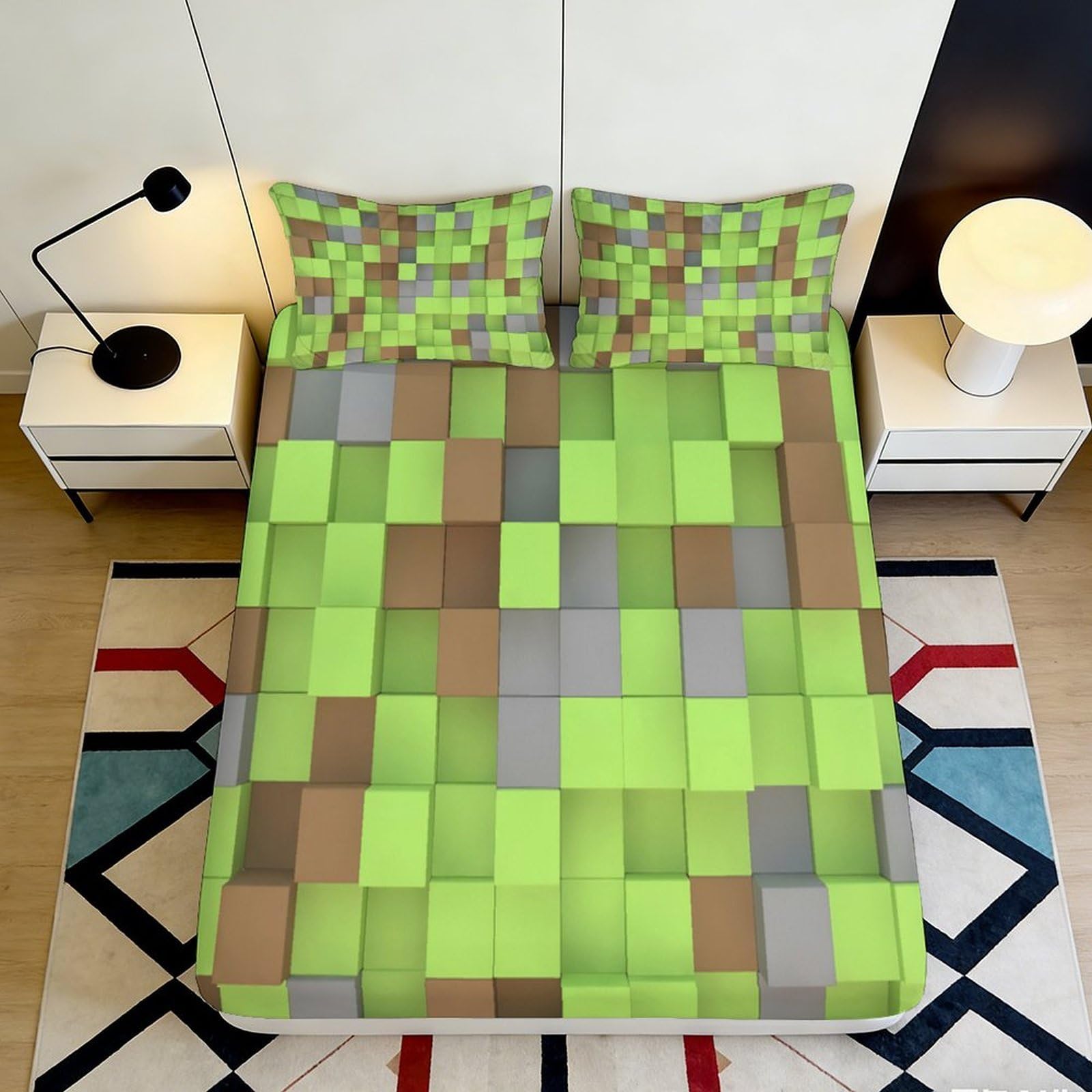 Pnayamiorkfel Style-8 3D Printed Pixel Grass Fitted Sheet Microfiber Soft Breathable Block Pattern Bed Cover For Bedroom Dorm Decor 90X200x25cm