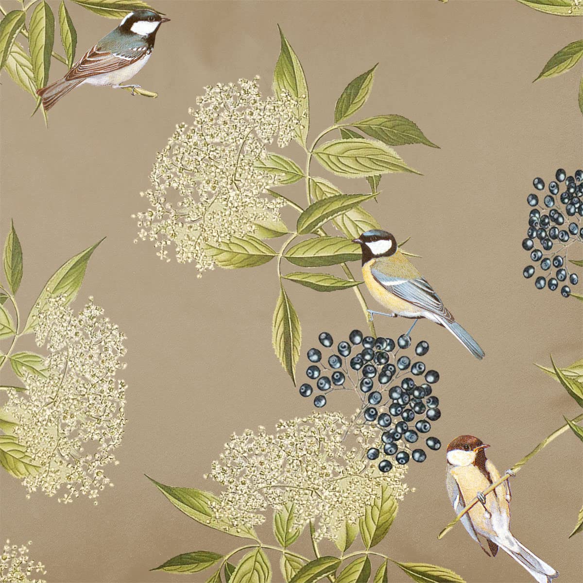 Izabela Peters Taupe Luxury Upholstery Curtain Fabric - Eco-Friendly Velvet - Designer Blind, Craft, Sewing Fabric By The Metre - Bird On Elderflower - Sample