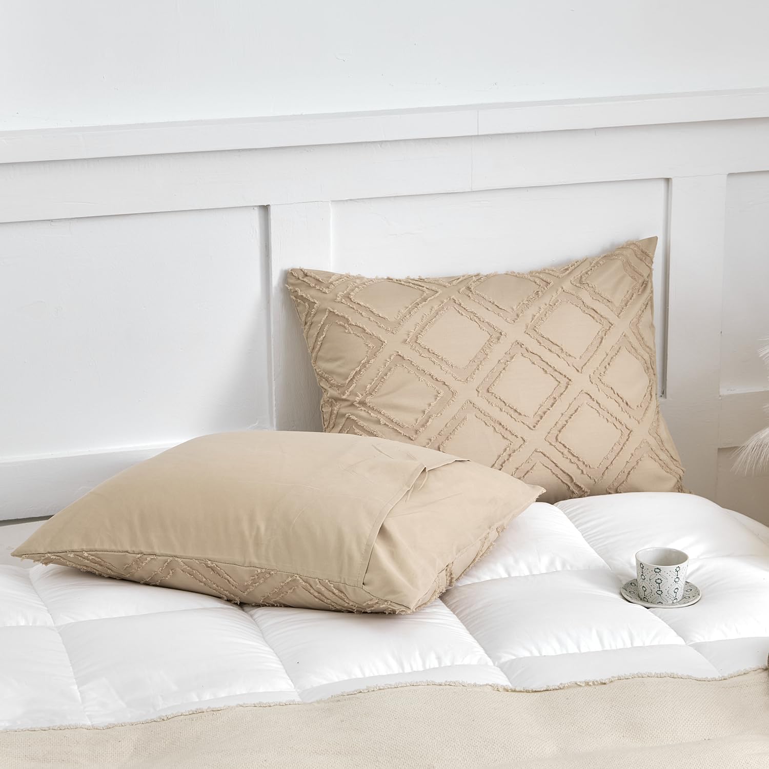 Queen Pillow Shams 2 Pack, Queen Size Pillowcases, Soft Microfiber Geometric Boho Pillow Covers with Envelope Closure, Camel, 20x30 Inches (No Insert) - Image 3