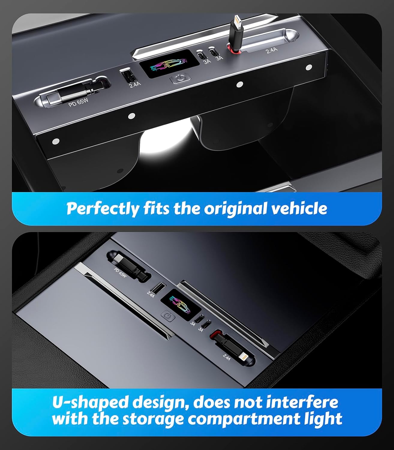 65W Fast Charging Docking Station for Tesla Model 3/Y, 5-in-1 Hub with Retractable USB-C & Lightning Cables, Center Console Organizer with 2 USB-C & 1 USB-A Ports, Fits 2023-2025 Highland
