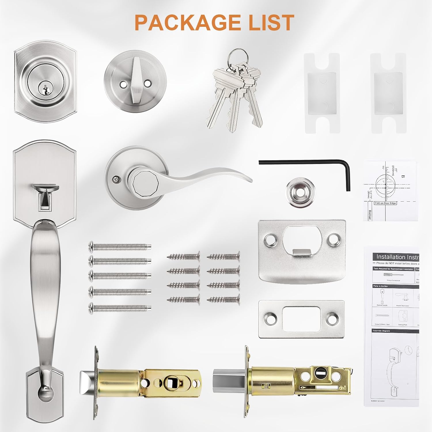 Probrico Front Door Lock Handle and Deadbolt Set,Satin Nickel Exterior Door Lever with Reversible Handle,Front Door Hardware with Single Cylinder Deadbolt,keyed,1Set