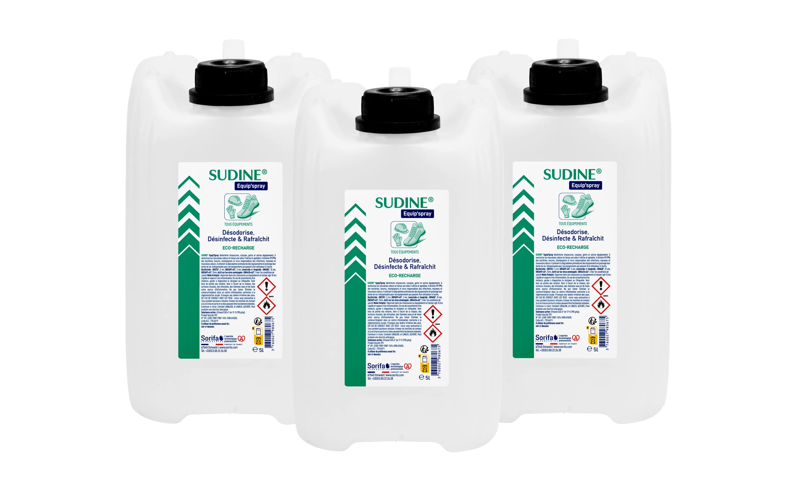 Lot de 3 - Sudine Equip’spray - Désodorise, désinfecte, rafraichit - Chaussures, casques, gants, équipements - Recharge 5L pour SUDINE Equip'spray 50 et 125 ml ou pour le Spray 1L SORIFA