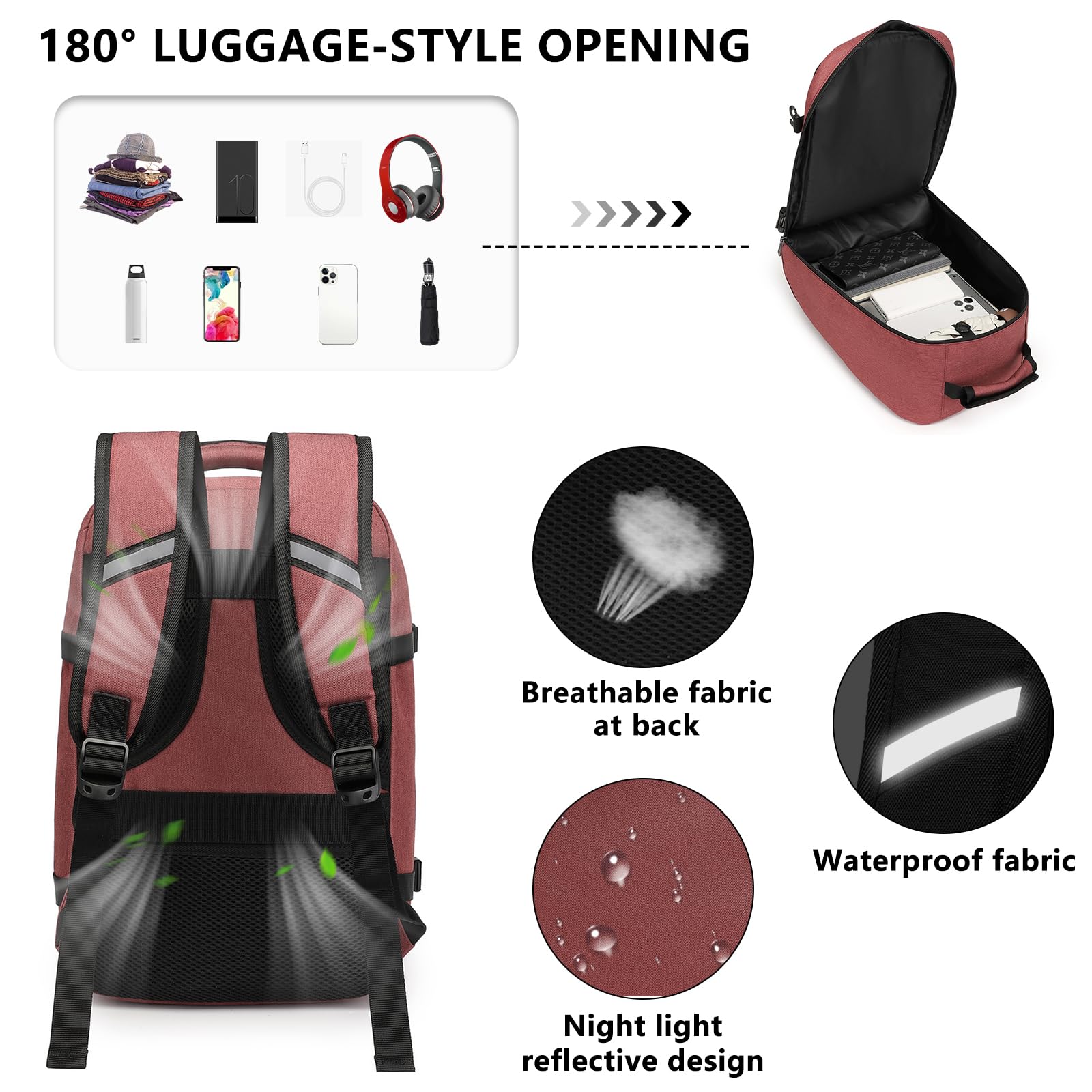 KONO Zaino da Viaggio Bagaglio a mano 55x20x35 Borsa da viaggio per Laptop(Rosso, 38L)