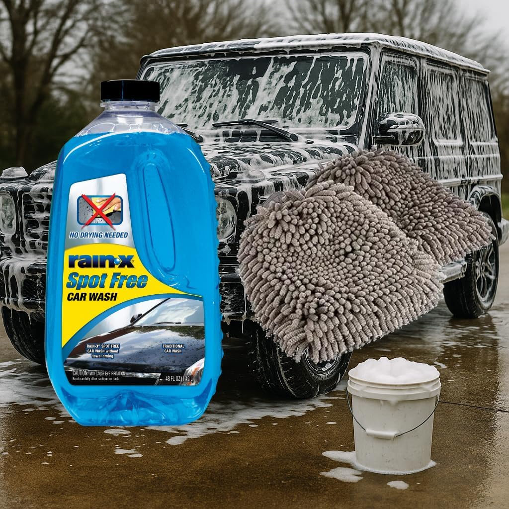 Rain-X 48 fl oz Spot Free Car Wash Soap with 2-Pack Microfiber Wash Mitts (10.44" x 9.06") - Deep Cleaning Bundle for Car Detailing