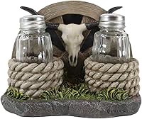 Vista 1 de Ebros Gift Rústica rueda de vagón occidental con cuerdas en espiral, calavera de vaca de cuerno largo, juego de agitadores de cristal de sal