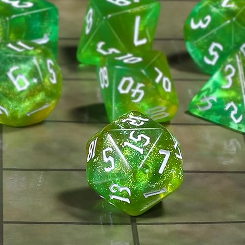 Miniatura 3 de CiaraQ DND - Juego de dados poliédricos para juegos de rol de Dungeons and Dragons RPG MTG, con 1 bolsa de dados (verde con amarillo + purpurina)