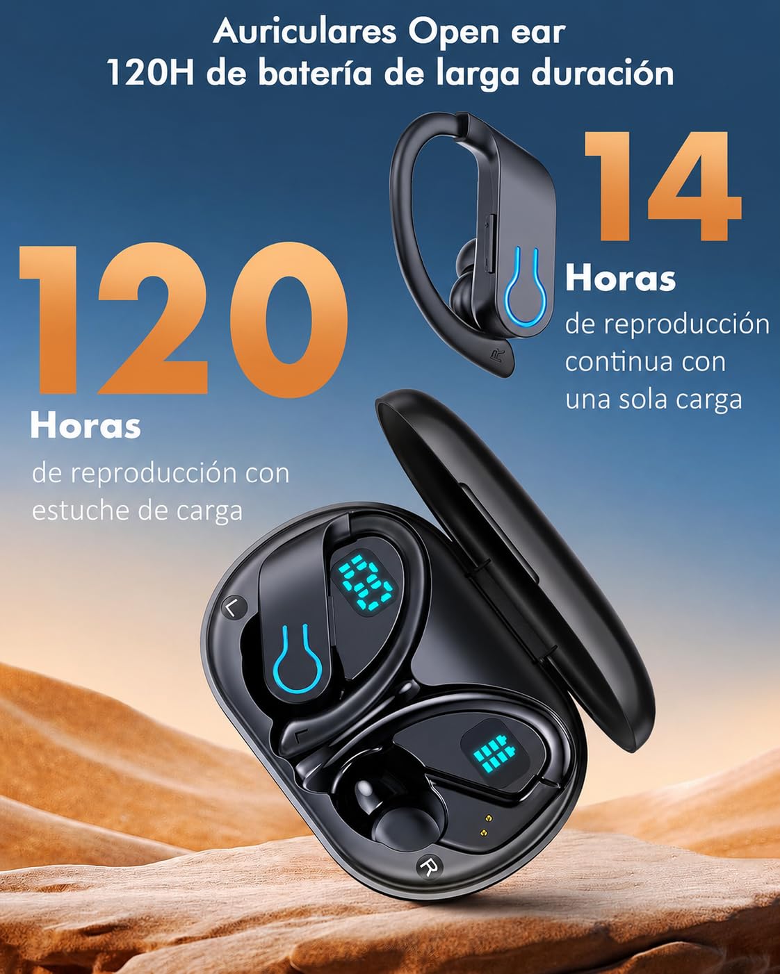 Paekole 2026 Auriculares Inalámbricos Deportivos, Auriculares Bluetooth 6.1 con Gancho, 120H Reproducción Pantalla LED, IPX7 Impermeable, 4 Micrófonos ENC Cancelación de Ruido Cascos Running