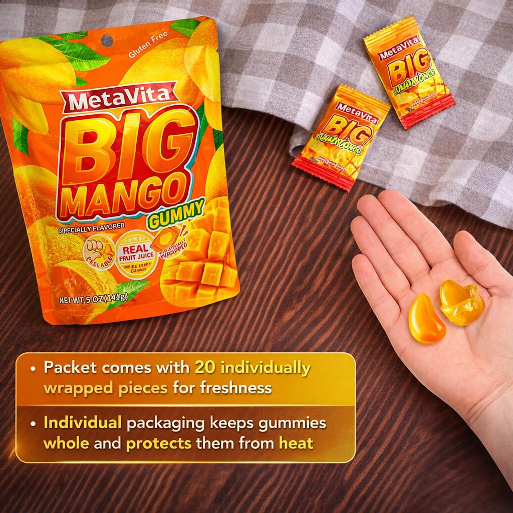 (8 Packs 2.8LB）MetaVita Peelable Mango Candy – Individually Wrapped peelable Gummies Candy-Real Mango Puree – Big Chewy Gummy Candy, Gluten-Free, Fun to Peel