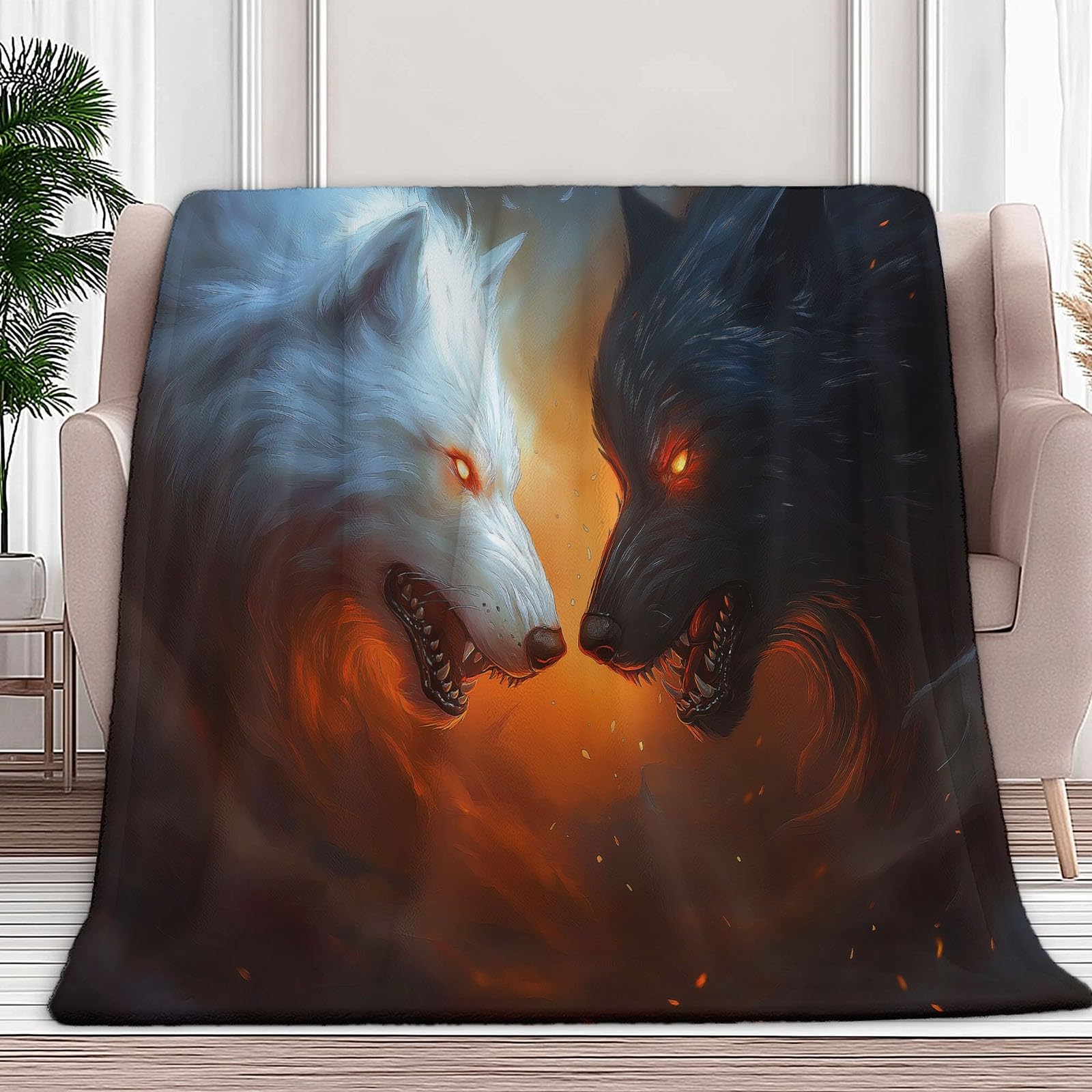 Przytulny koc flanelowy, puszysty, 150 x 200 cm, fantazyjny, zwierzęcy wilk, koc do mieszkania i jako narzuta na sofę, miękki koc polarowy z mikrofibry, jako narzuta na kanapę, pomarańczowy kolor