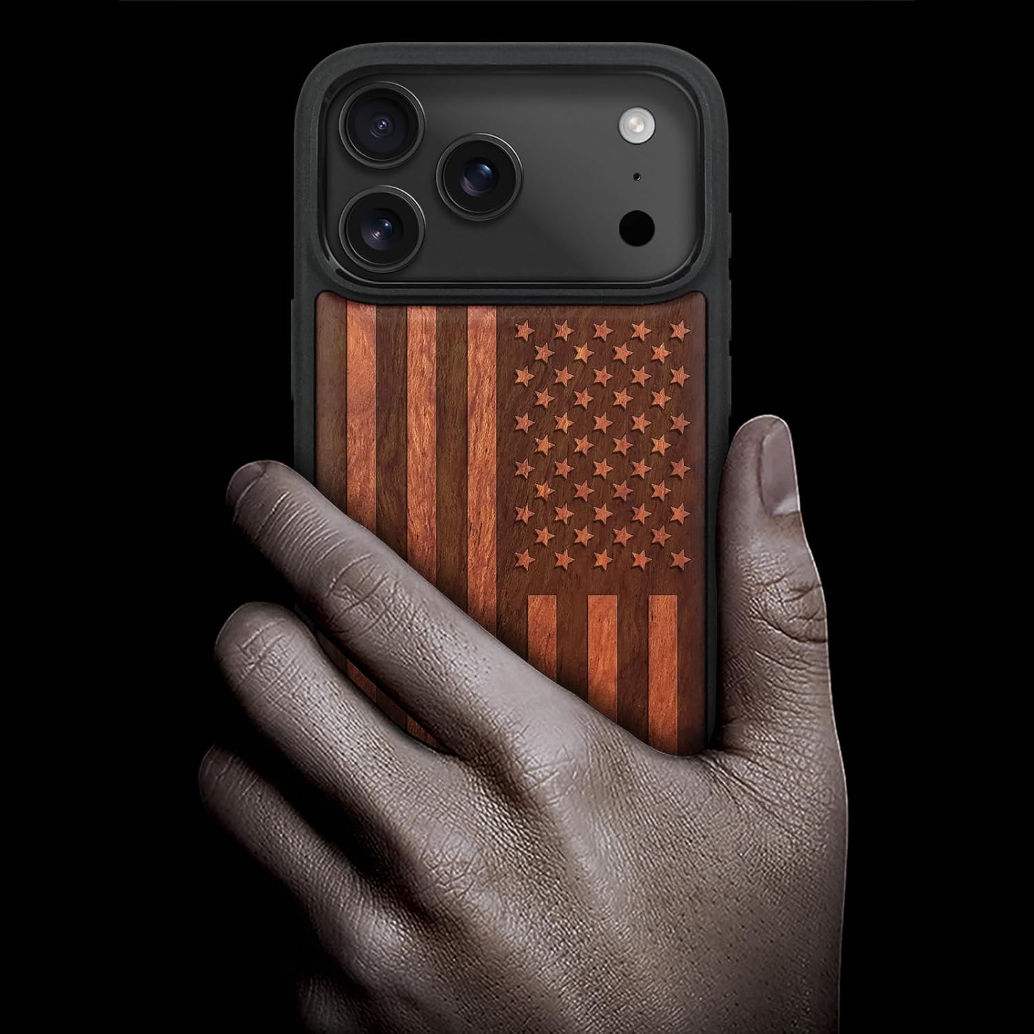 Carveit Magnetic Wooden Case for iPhone 17 Pro Max Case, Wood Artisan Engraved & Black Soft TPU Shockproof Cover, Compatible with MagSafe Wireless Chargers (The Classic American Flag) Rosy - Image 2