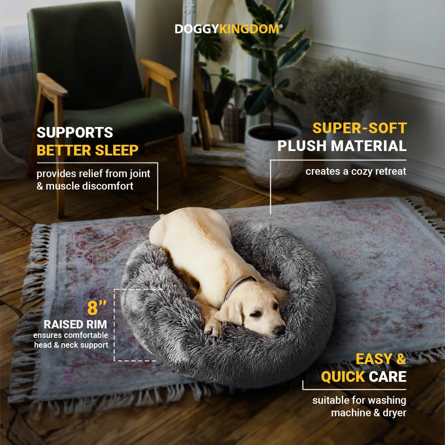 Calming Round Donut Dog Bed Pillow, Washable, Anti Anxiety, Anti-Slip, Cozy Soft Cuddler Comfort Bed with Fluffy Plush Faux Fur for Large Medium Small Sized Dog - Dark Gray, M 31 inch