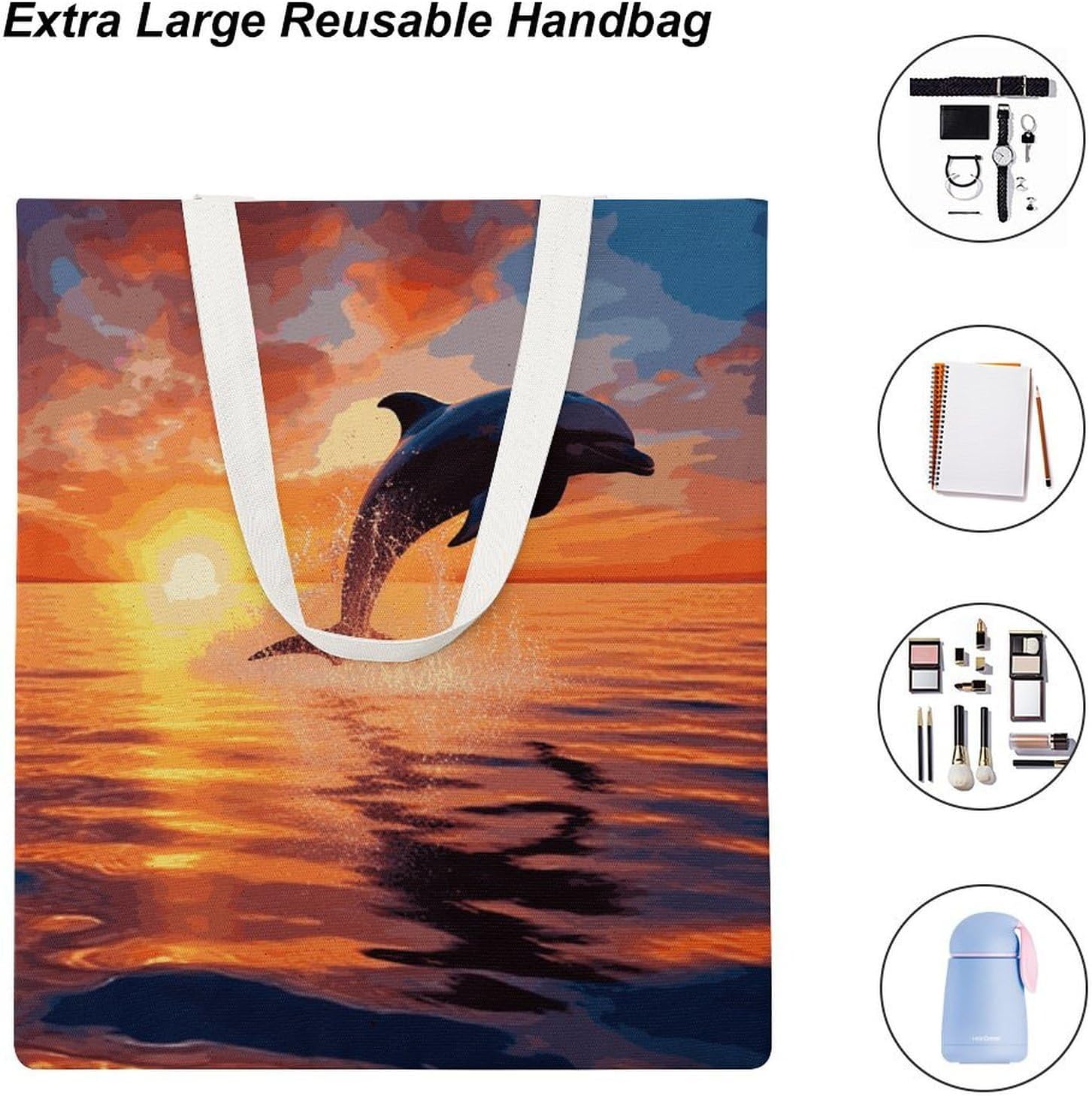 Canvas Tote Bag 16x15 In Lightweight Foldable Shoulder Hobo Purse | Sunset Dolphin, Casual Tote with 10" Strap, Everyday Carryall, for Travel Work Grocery Shopping Beach Mark Gym Yoga