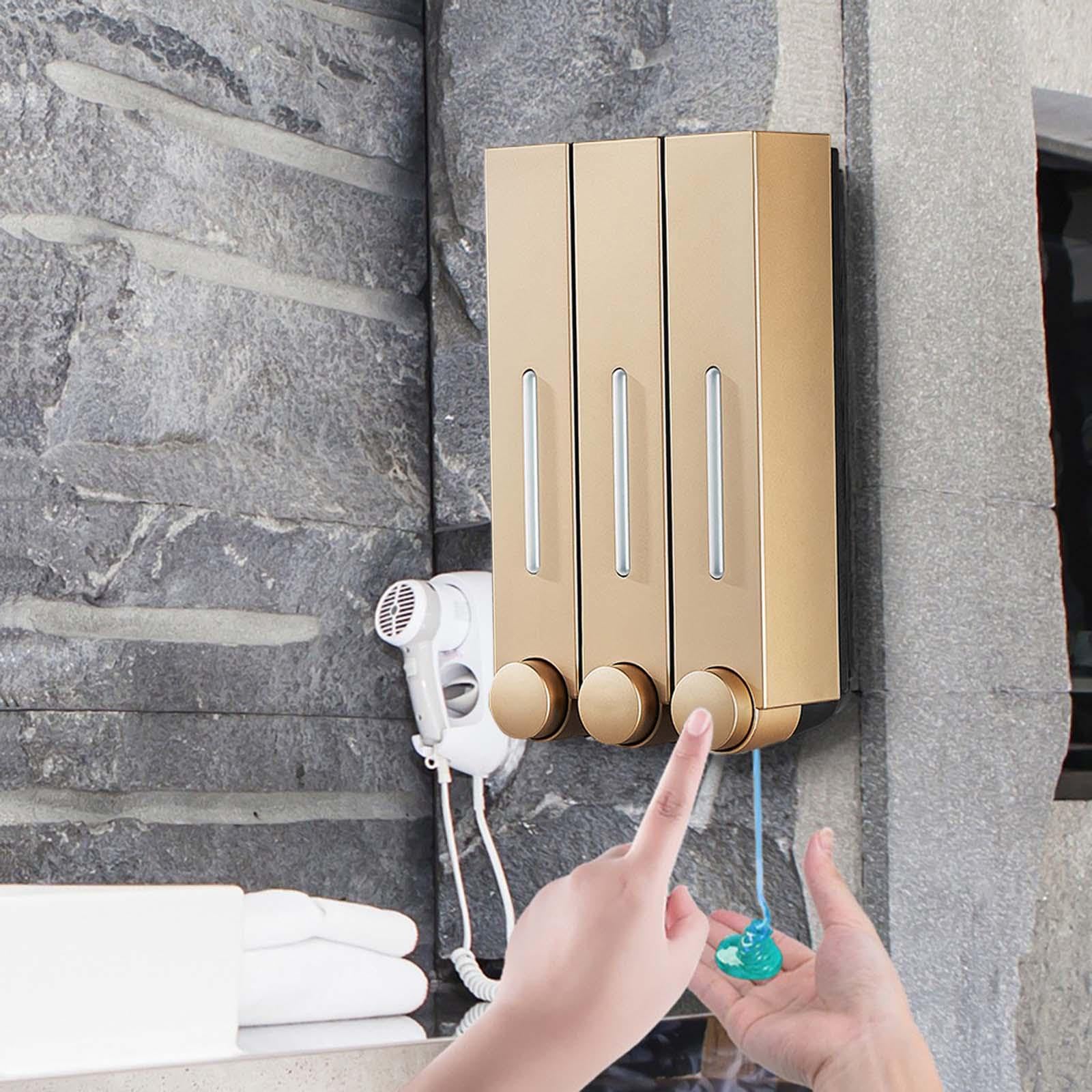 Gralara Dispensador de Jabón Líquido para Montaje en Pared, Dispensador de Champú con Control Manual, Ahorro de Espacio, Duradero, Elegante, Dorado para Ducha, Tres Cabezas, Individual