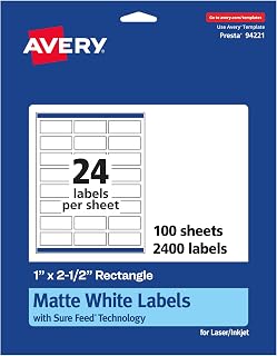 Avery® Matte White Rectangle Labels, Sure Feed® Technology, 1" x 2.5", 2,400 Matte White Printable Labels