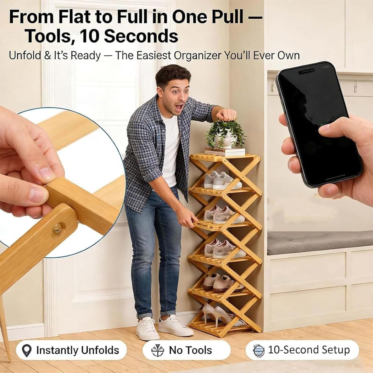 Bamboo Shoe Rack No-Assembly Stackable Storage Shoe Organizer 2–9 Tier Options No-Tool Assembly Foldable Shoe Rack