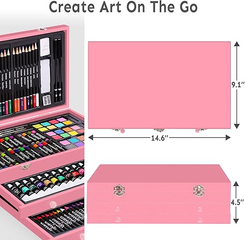 Miniatura 21 de Juego de arte de lujo de 175 piezas con 2 almohadillas de dibujo, pinturas acrílicas, lápices de colores, juego de pintura en estuche de madera, kit