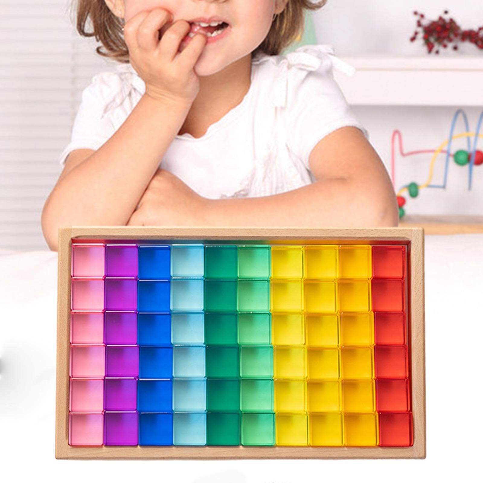 100 Pezzi Blocchi da Costruzione Set Cubi Stacking Gioco Educativo Giochi Acrilico Gemme Trasparenti con Scatola in Legno Adatto Bambini, 60 Pezzi