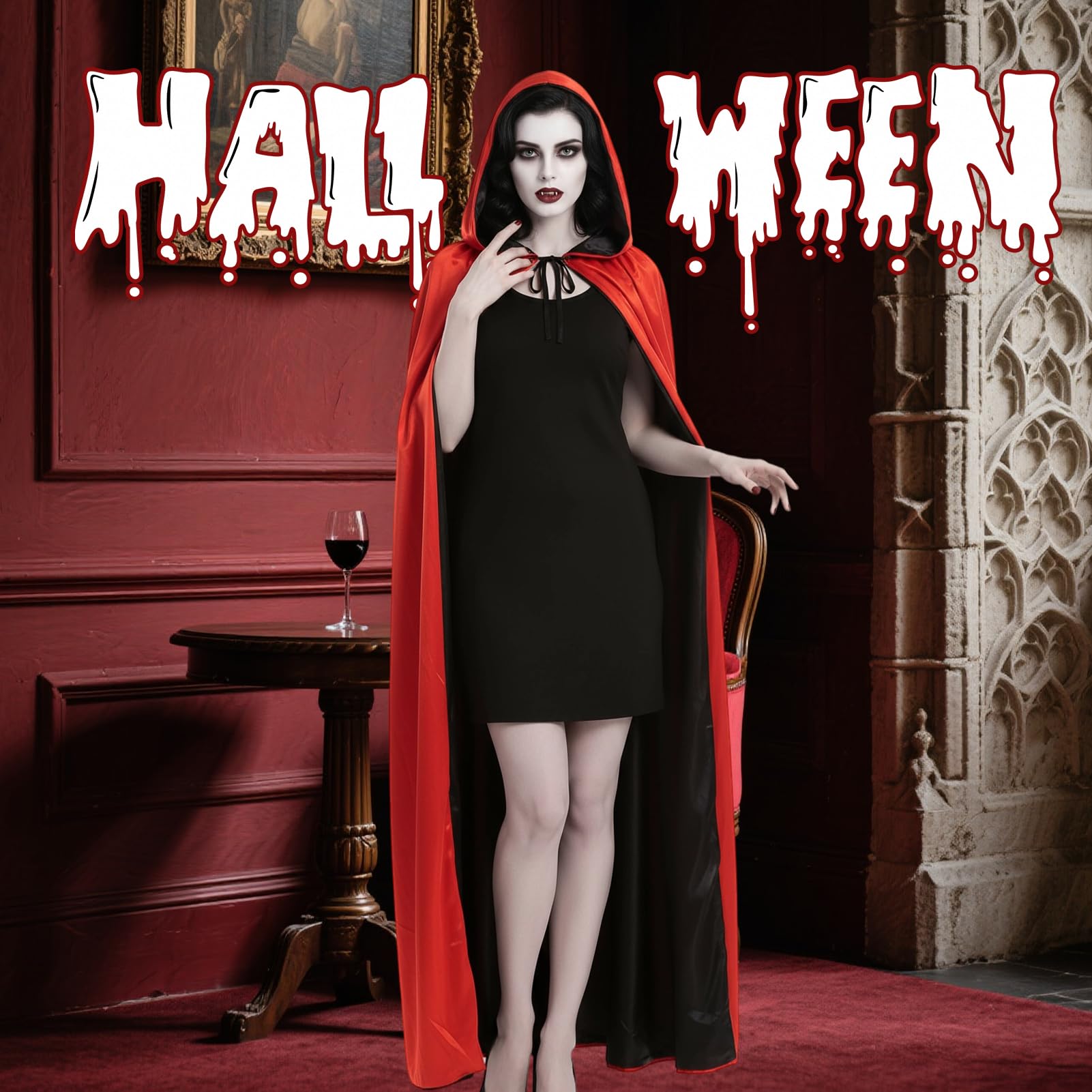 Peleryny wampirów na Halloween, dla dorosłych, płaszcz wampira, dla kobiet, mężczyzn, unisex, odwracalna bluza z kapturem z wampirami, sztuczne zęby, kostiumy czarownicy na Halloween, fantazyjny