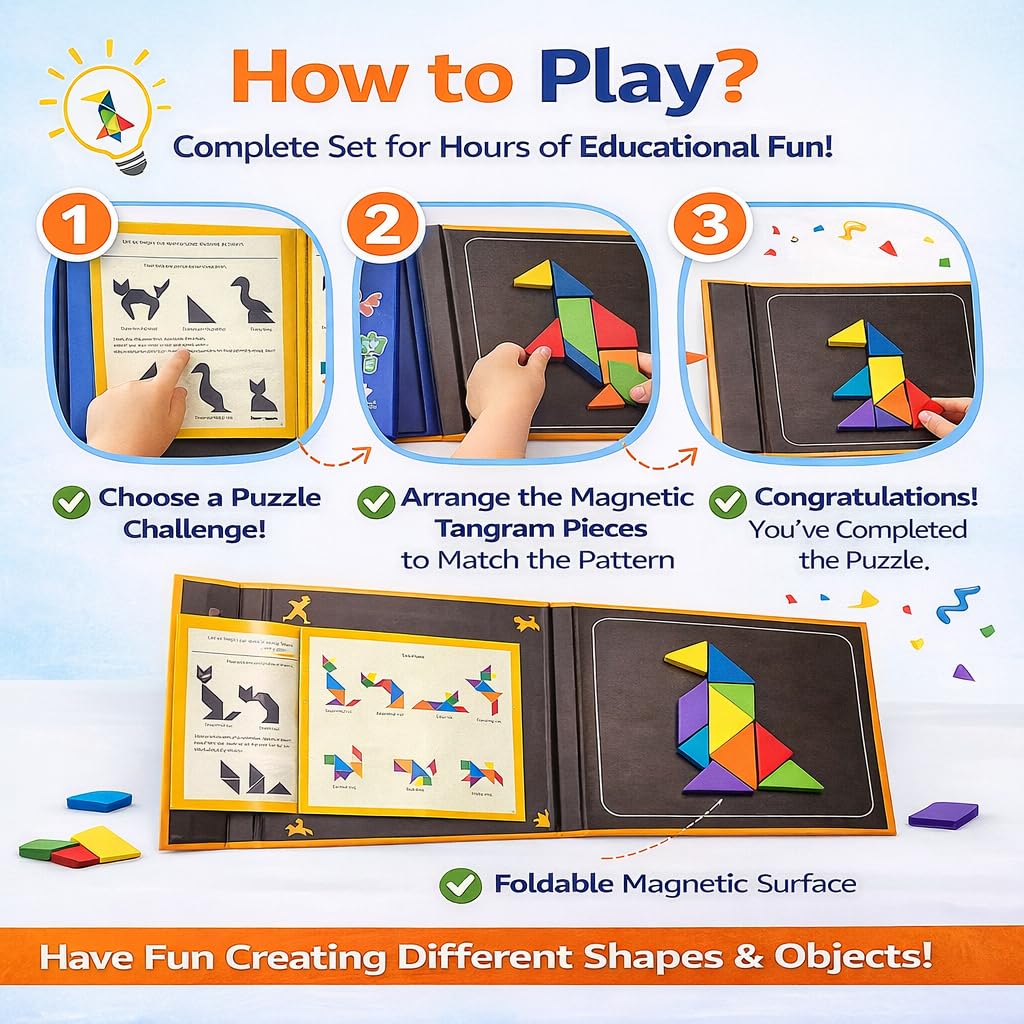 PLUSPOINT Wooden Tangram Travel Game Pack of 10 Magnetic Puzzle Book Game Tangrams Jigsaw Shapes with Solution Traveler Challenge IQ Educational Toy for 3-99 Years 1