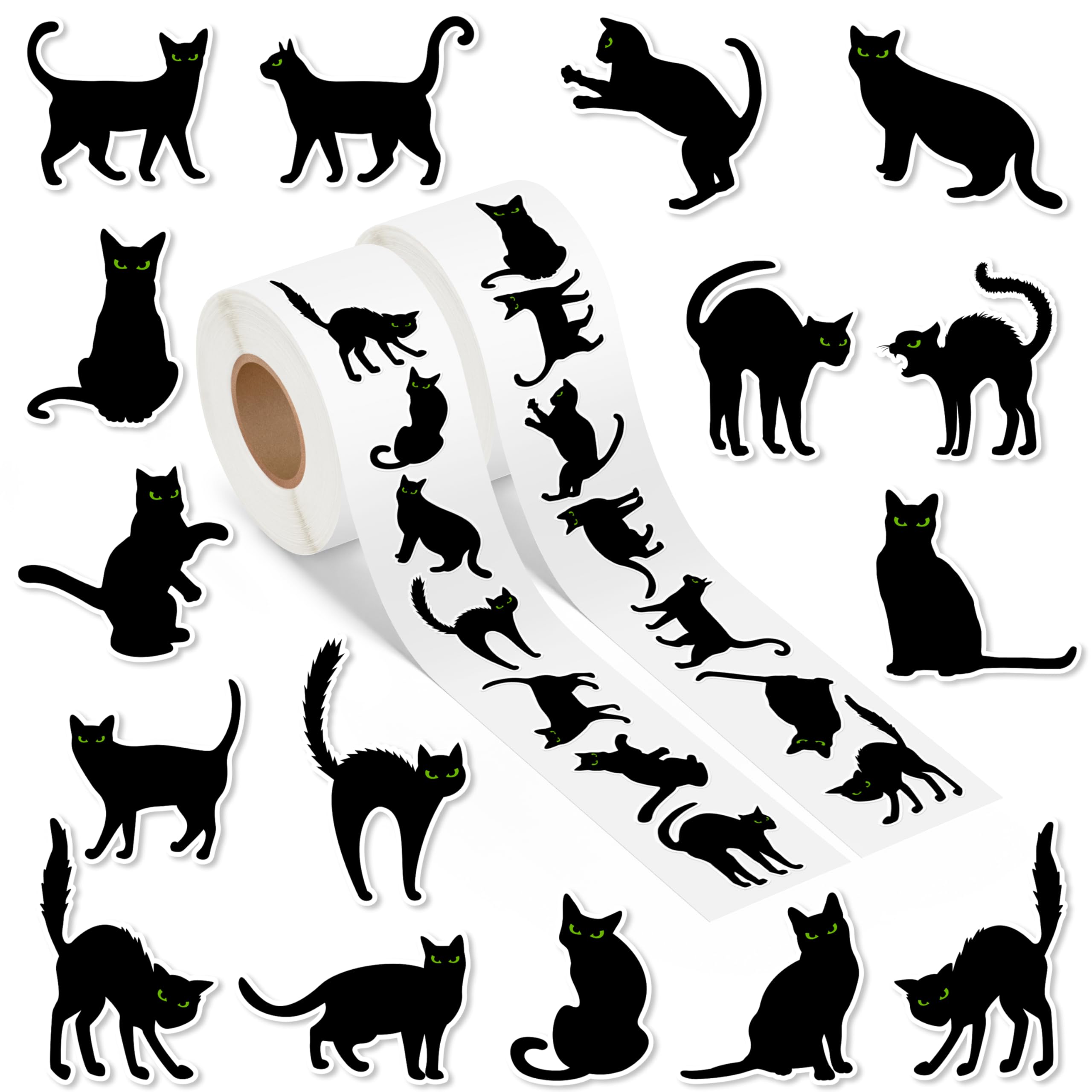 A1dieeBlack Cat Stickers Rolls- 1000Pcs Vintage Kitten Animal Aesthetic Vinyl Waterproof Party Stickers Decal for Water Bottle Laptop Scrapbooking Skateboard Car Luggage, 2 Rolls 16 Designs