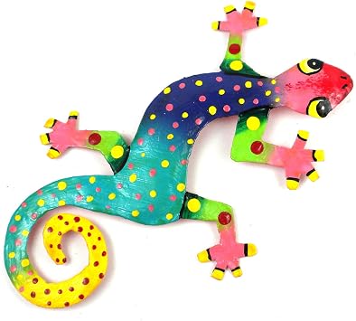 Global Crafts 8" Painted Gecko Recycled Haitian Metal Wall Art Blue Green with Pink Head