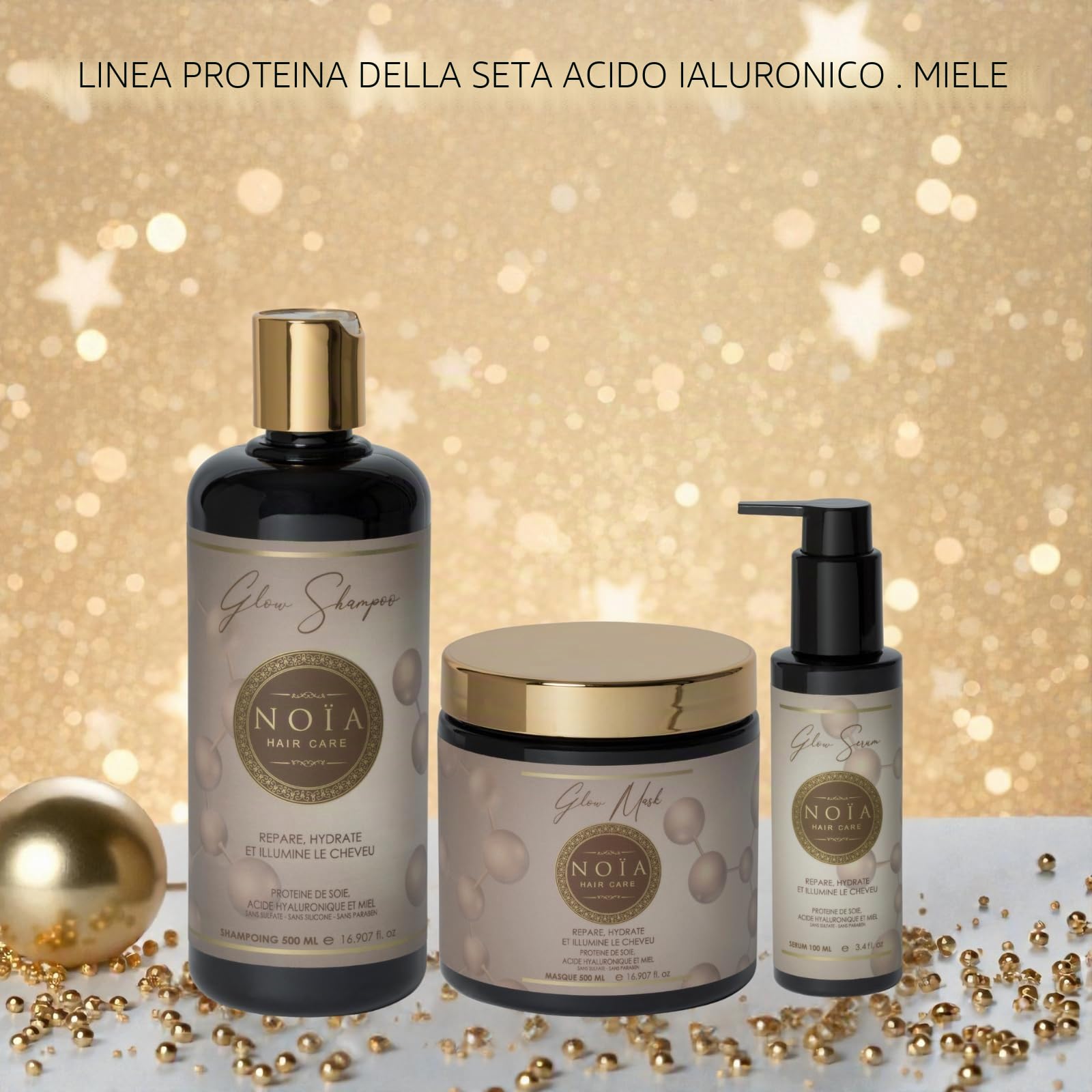 NOIA HAIR – Cofanetto Prestige – Routine capillare GAMME GLOW – Pack trio shampoo + maschera + siero proteina di seta, acido ialuronico e miele