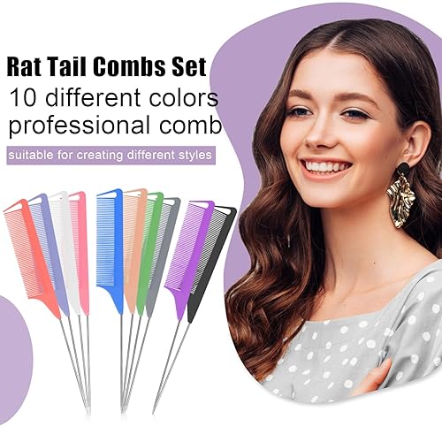 Miniatura 2 de Juego de 10 peines de cola de rata, peine de dientes finos para mujeres y niñas, peine de separación para trenzar el cabello, herramientas y