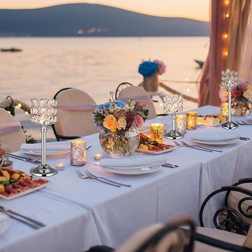 Miniatura 4 de Mumufy Juego de 6 portavelas de cristal, 3 tamaños de alto, candelabros de cristal para boda, soporte para centros de mesa para decoración de