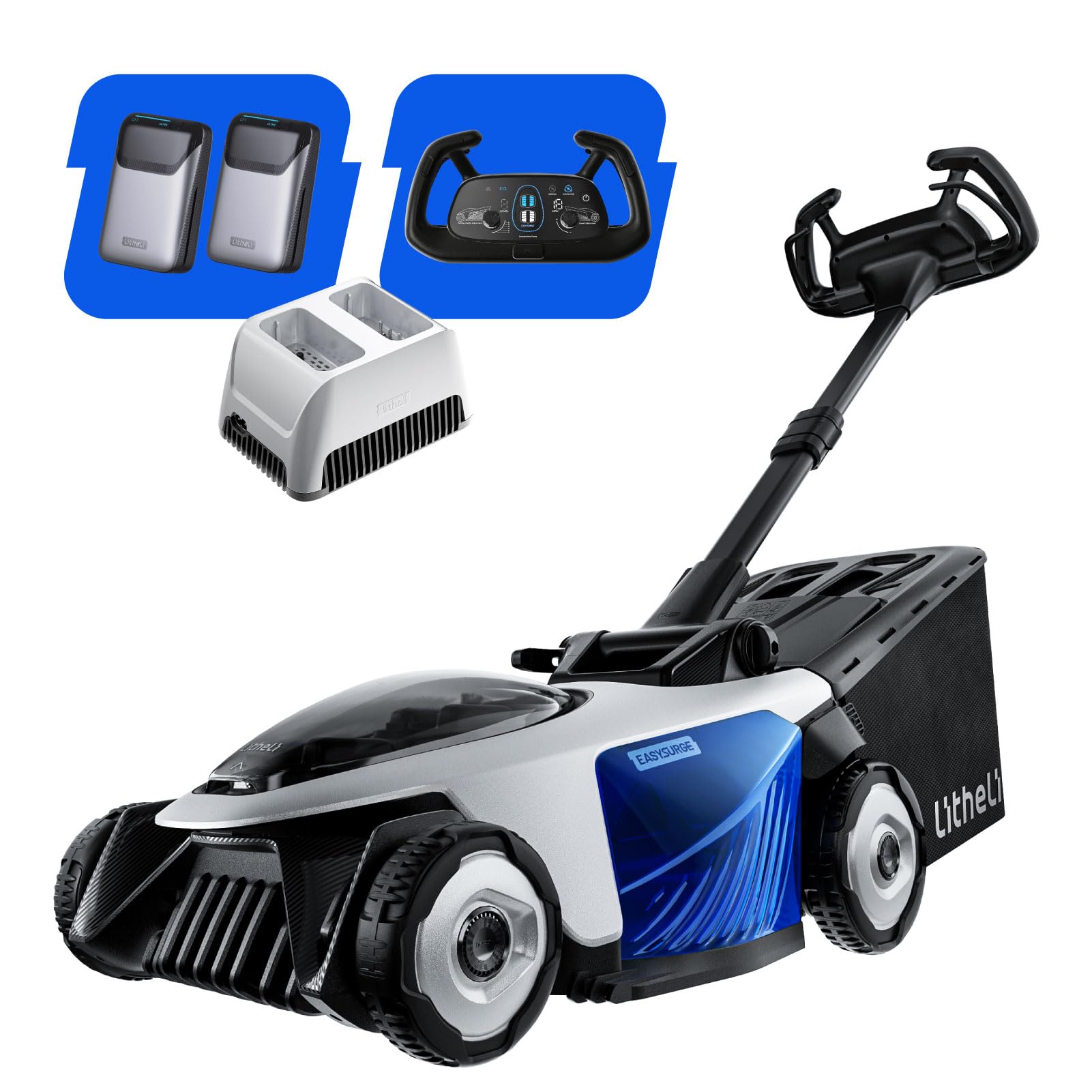 Litheli Easysurge Tondeuse à Gazon sans Fil 43cm, 2X 20V Batteries 4.0Ah, Autotractée (2,2-4,7 km/h), Bac 50L, 25-75 mm Hauteur Réglable, pour Pelouses jusqu'à 500m²