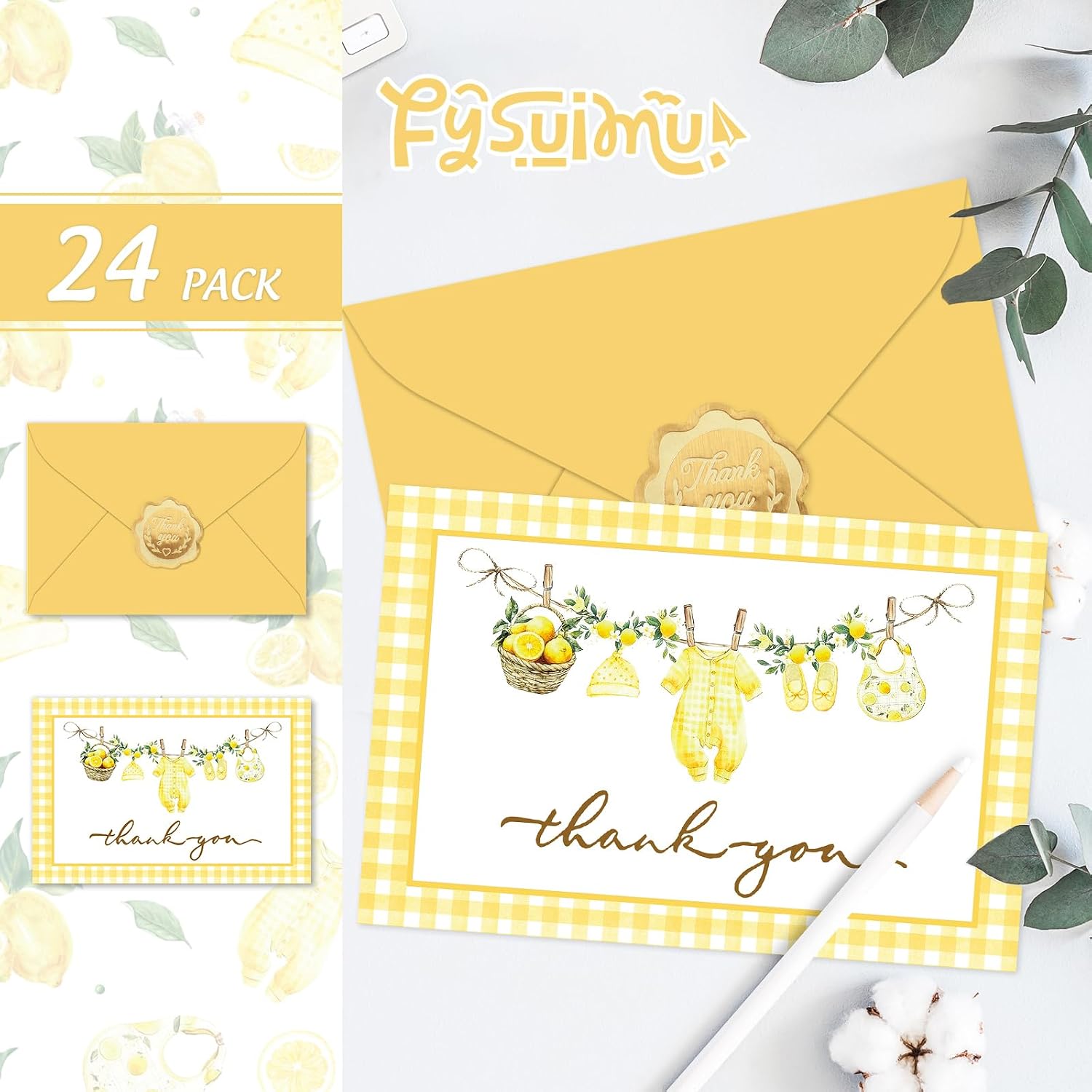 FYSUIMU 24 Pack Lemon Baby Shower Thank You Cards Greeting Cards Yellow Plaid Summer Lemon Blank Note Card with Envelopes Stickers for Birthday Gender Reveal, 4 x 6 Inch