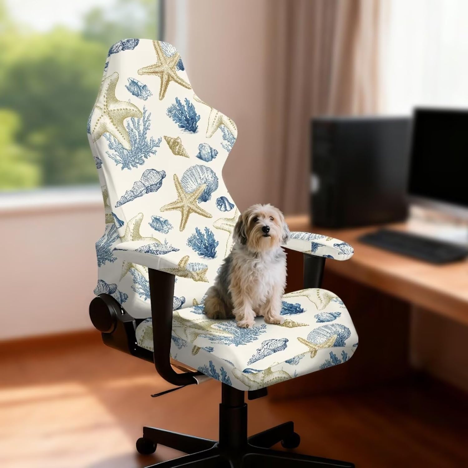 Retro Starfish Coral Shell Print Gaming Chair Covers Dustproof Stretch Gamer Armchair Slipcover with Arm Rest Covers Non-Slip Swivel Boss Chair Protector Covers