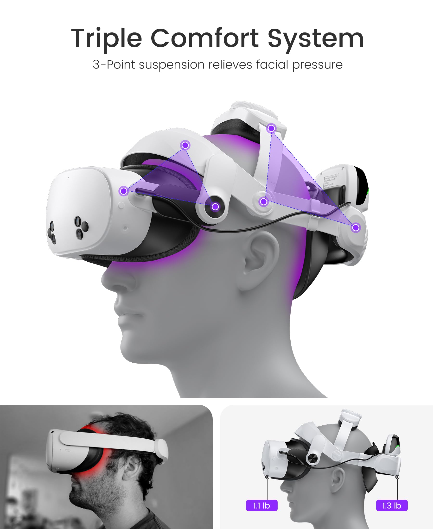 Cinghia per la testa con cavi magnetici per batteria da 10000 mAh per Meta Quest 3S/3/2, cinghia regolabile per la testa per cinghia Elite, cinghia leggera per cuffie VR con supporto migliorato