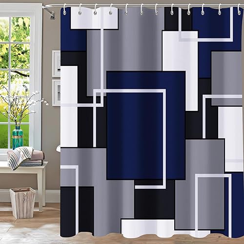 YiarTaan Cortina de ducha azul marino, cortinas de ducha para baño, juegos de cortinas de ducha geométricas modernas de mediados de siglo, cortina