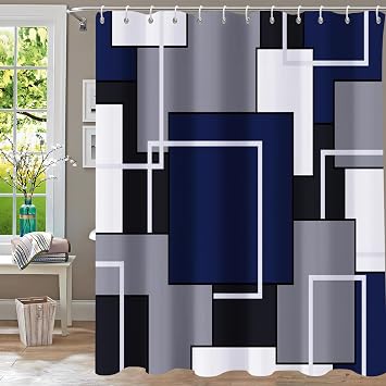 Navy Blue Shower Curtain,Shower Curtains for Bathroom,Mid Century Modern Geometric Shower Curtain Sets,Abstract Navy Black Grey Square White Bath Curtain,Waterproof Fabric Backdrop 72 x 72