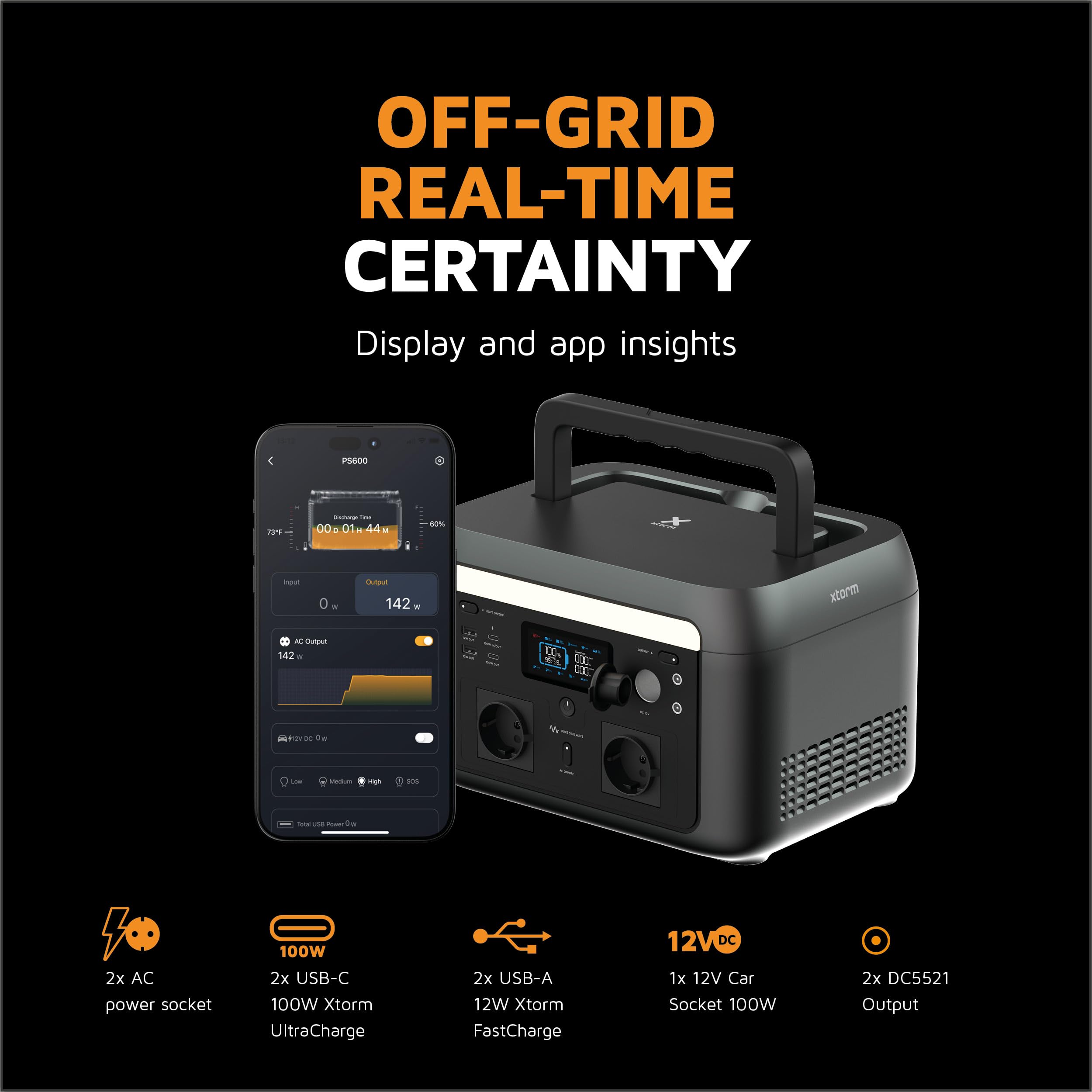 Xtorm - Generador eléctrico portátil con panel solar de 200 W, batería LiFePO4 512Wh, carga rápida en 1,5 horas, 2 salidas AC (600 W, Peak 1000 W), tecnología PowerBoost, estación