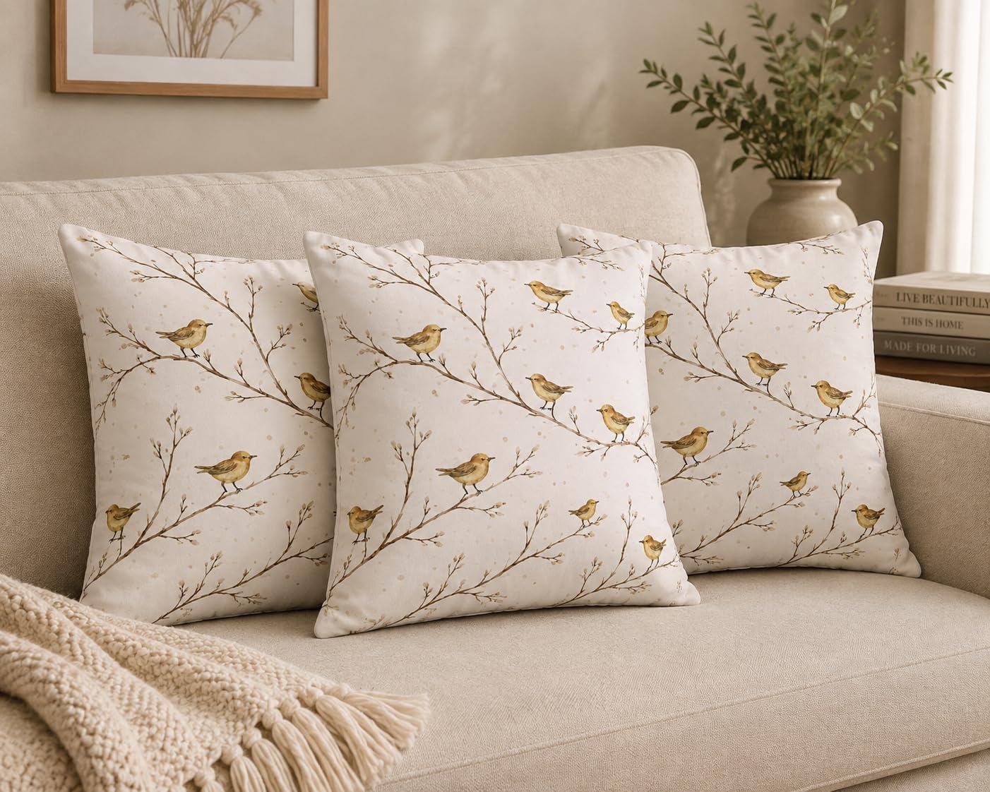 London Bird Print Decorative Throw Pillow Cushion Cover 40x40 cm Cotton Bird Print Accent Pillow Cover for Sofa Couch Living Room Home Décor – Beige & Black-image-43