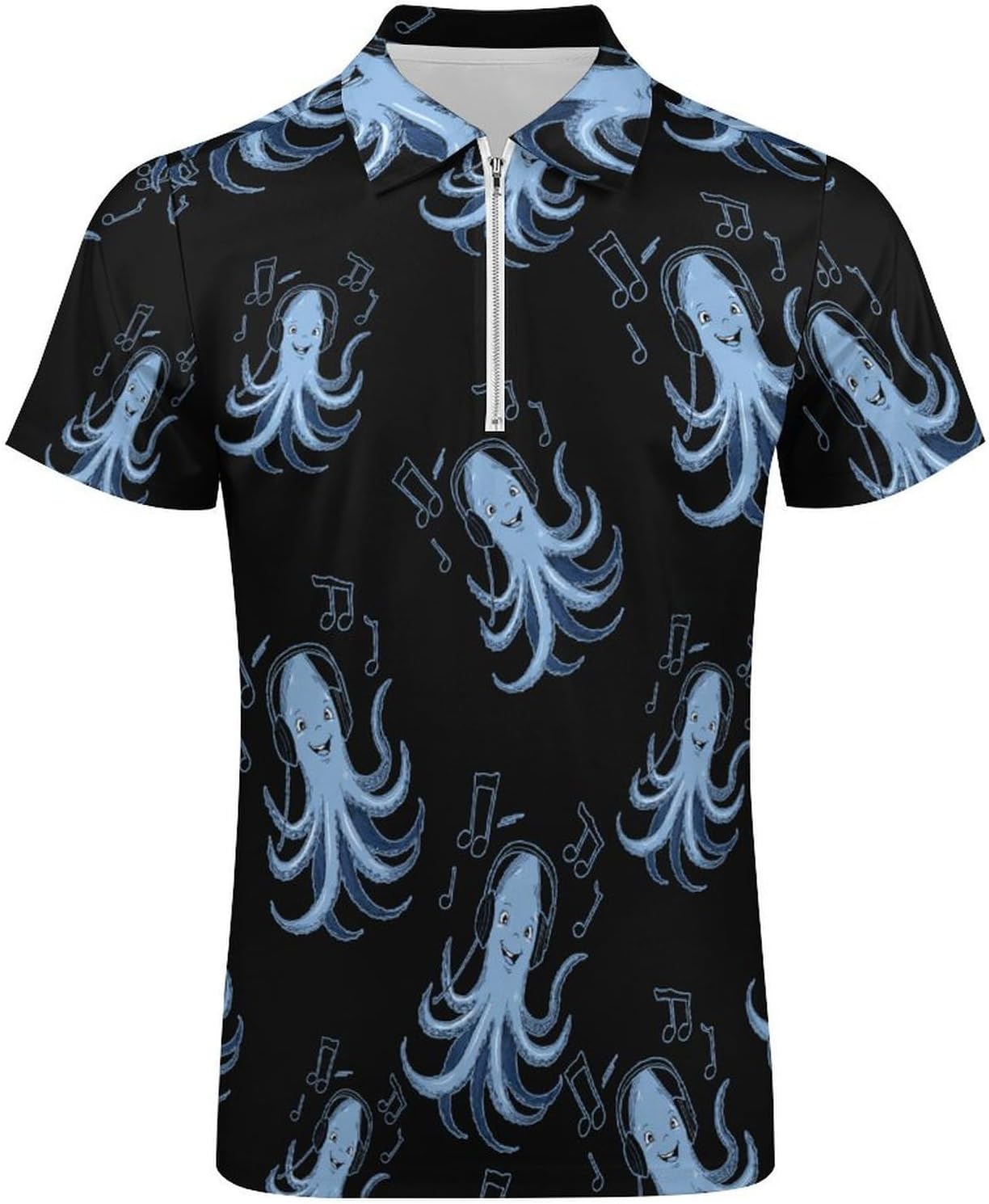 Headphones Squid Polo Shirts for Men Short Sleeve Athletic Golf Tees Tops | Casual Summer Zippered V Neck Mens T-shirts Sports Quick Dry Tennis