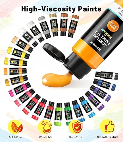 Miniatura 4 de POPYOLA Juego de 40 piezas de pintura acrílica con 12 pinceles, 2 cuchillos, paleta y esponja, 24 colores (2.3 onzas líquidas, 2 onzas), pintura