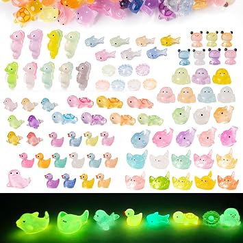 105pcs Luminous Mini Resin Animals 11 Types Glow in the Dark to Hide Miniature Resin Animals Figures Small Plastic Ocean Animal for Fairy Garden Micro Landscaping Dollhouse Home Decor Party Gifts.