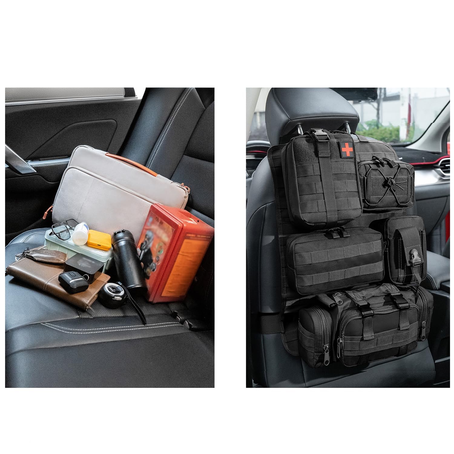 Organizer Tattico per Sedile Auto con 5 Tasche Rimovibili | Nylon 900D, Per Auto e Camion, Cinghie Regolabili, Adattabile a Sedili Anteriori/Posteriori, 45x35x8cm, Nero