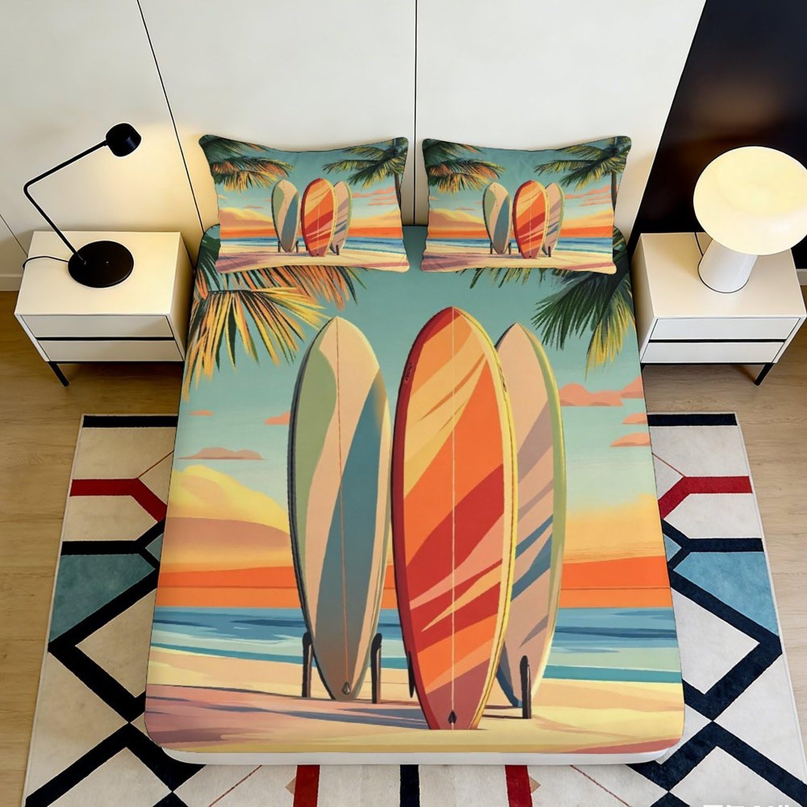 Dhbaneiok Style-7 3D Printed Surfboard Beach Sunset Fitted Sheet Microfiber Soft Breathable Palm Mattress Cover For Bedroom Guest Room Decor 90X200x25cm